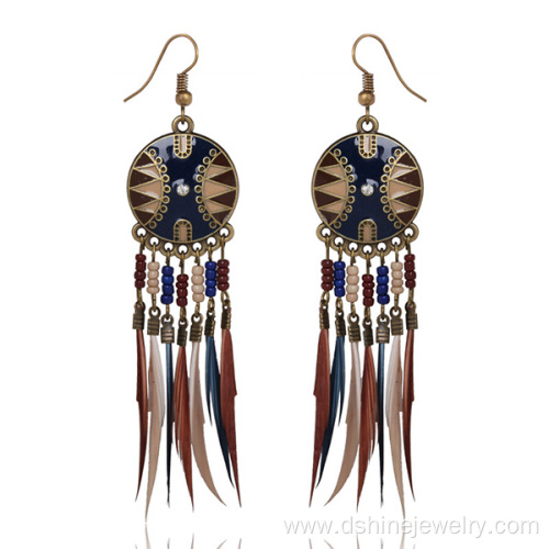 Wholesale Beaded Style Beach Gilded Hoop Feather Earrings